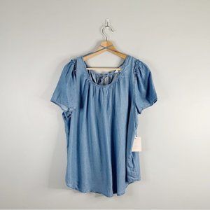 LC Lauren Conrad Womens Chambray Blue Blouse Top Shirt Short Sleeve NWT Large L